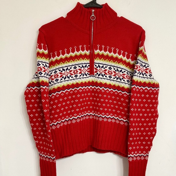 VTG Gantos Women's 1/2 Zip Turtleneck Sweater Red White Metallic Silver M - Picture 1 of 5